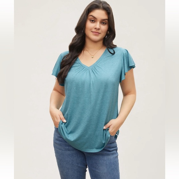 BloomChic Plus Size Solid Heather Gathered Ruffle Sleeve T-shirt - Picture 1 of 8